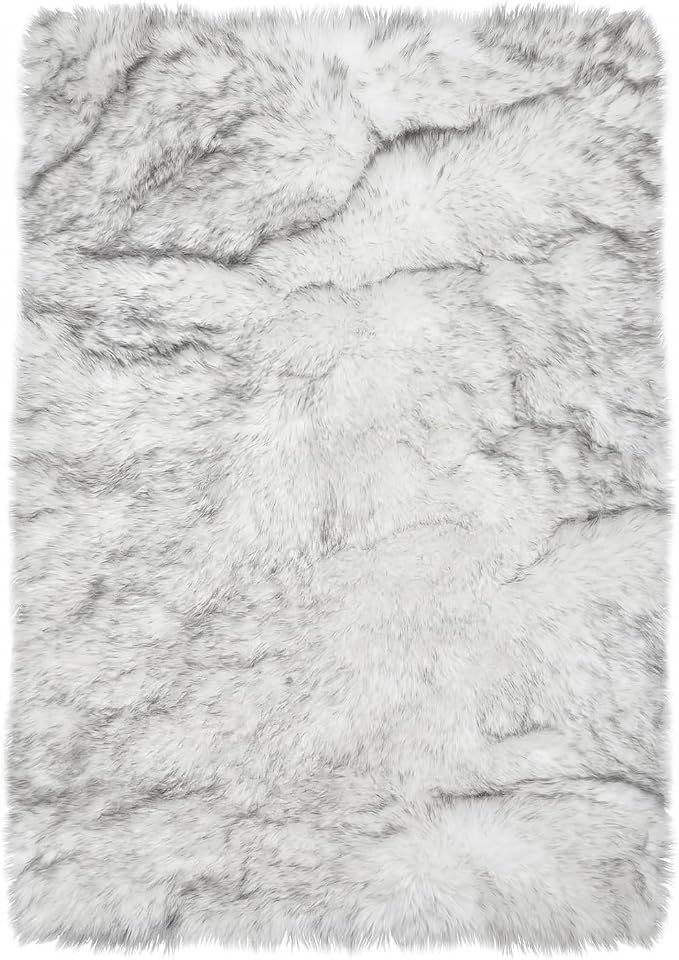 Latepis White with Grey Tips Sheepskin Rugs 4x6, Faux Fur Rug by Latepis