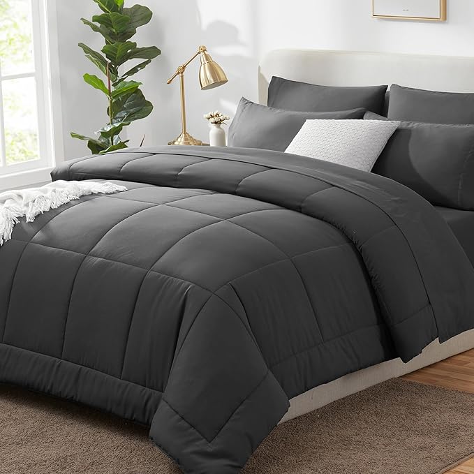 CozyLux Oversized King Comforter Sets Dark Grey, 7 Pieces Bed in a Bag, Ultra-Soft All Season Bedding Sets with Stitch Quilted Comforter, Flat Sheet, Fitted Sheet, Pillowcases, Dark Gray