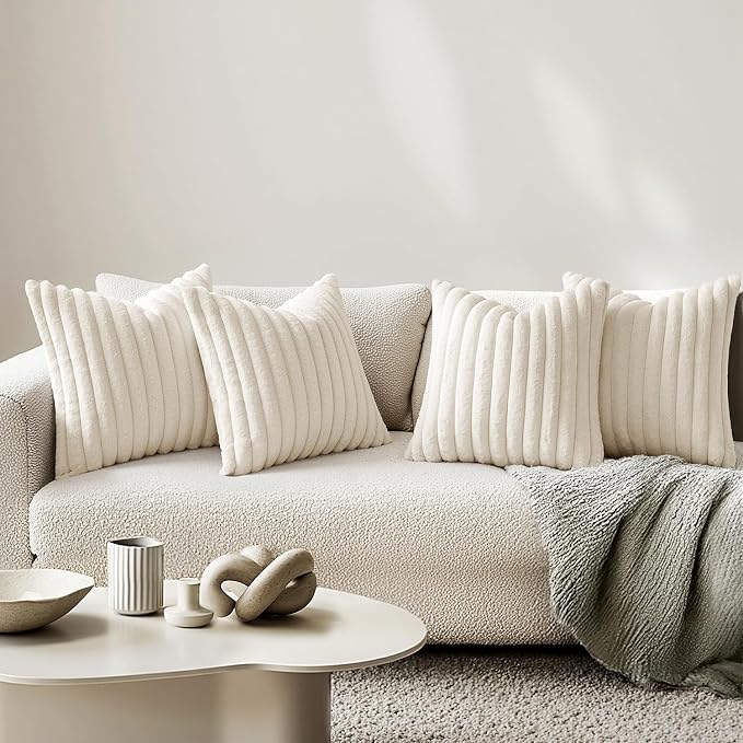 MIULEE Faux Fur Plush Decorative Throw Pillow Covers 18x18, Cream White | Set - Image 2