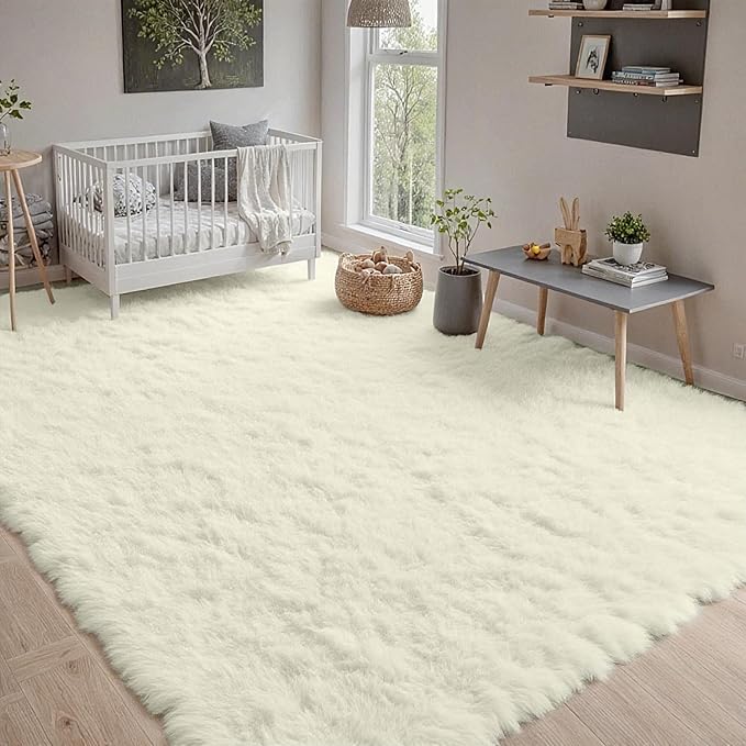 8x10 Fluffy Shag Area Rugs for Living Room Bedroom: Soft Carpet Cream White | - Image 9