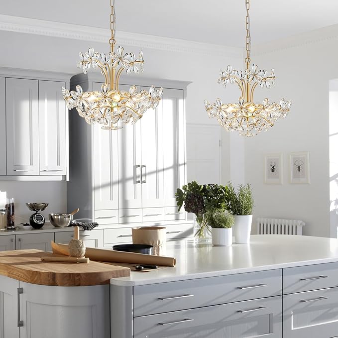 WUZUPS Crystal Chandelier Pendant Flushmount Ceiling Light Modern Lighting Fixture for Bedroom Hallway Bar Kitchen Bathroom, H 15.7" x W 17.7", Gold, E12 Base