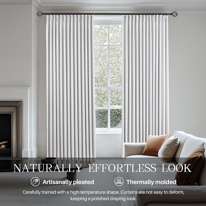 Pinch Pleated Linen White Blackout Curtains 63 Inches Long - Image 2