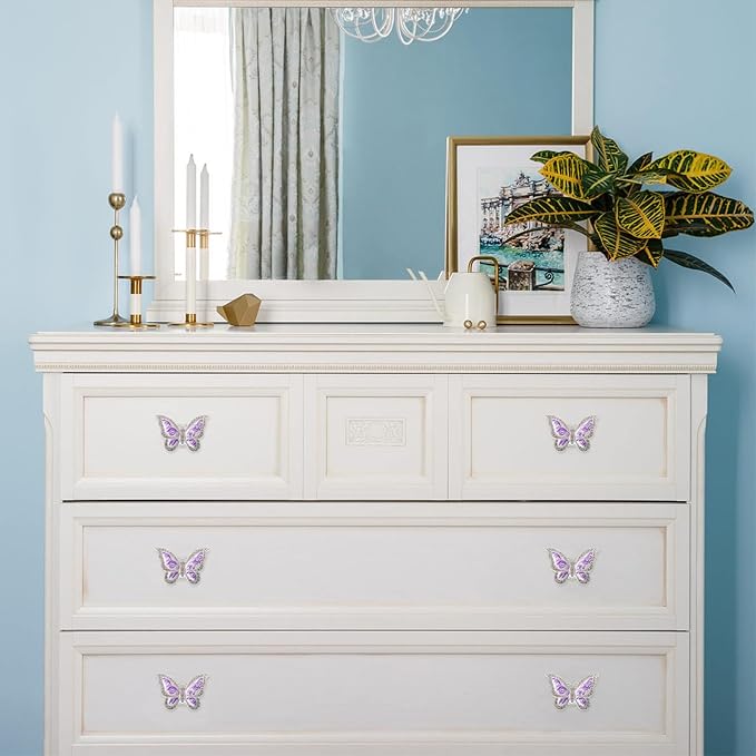Butterfly Cabinet Knobs,6 Pieces Butterfly Knobs Single Hole Pulls Handles Decorative Door Cabinet Drawer Cupboard Furniture Door Wardrobe (Purple)