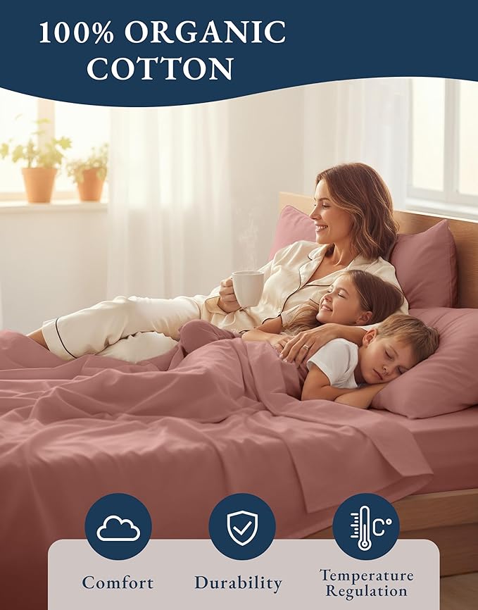LANE LINEN 100% Organic Cotton Twin XL Sheets Set, 3-Piece Pure Organic Cotton Percale Sheets, Cotton Bedsheets, Ultra Soft Bedding Sheets, Breathable, Fits Mattress Upto 15" Deep - Rose Dawn