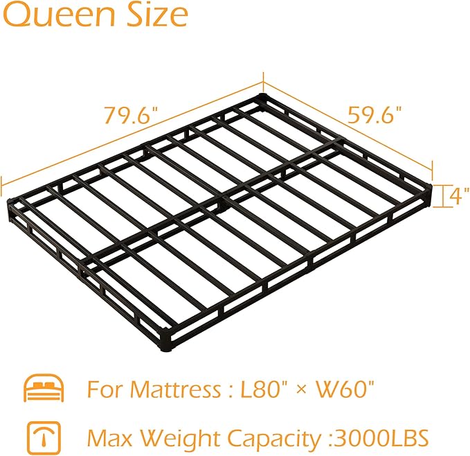 Queen Box Spring 4 Inch Low Profile, Heavy Duty Metal Box Spring Bed Base with Fabric Cover, Mattress Foundation, Easy Assembly, Noise Free, Black