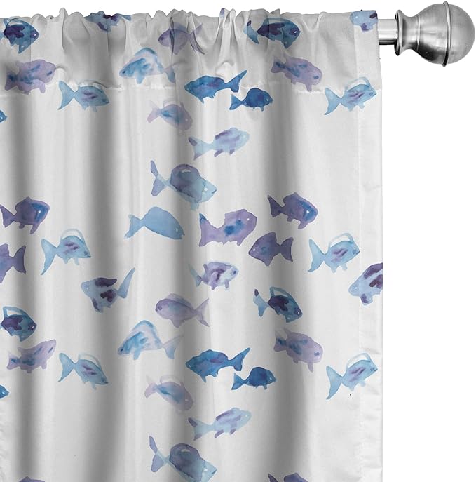 Ambesonne Animal Window Curtains Pack of 2, Little Fishes Watercolors Ocean Underwater Life Marine Theme Art, Lightweight Set with Rod Pocket, 4 Panels of - 28" x 95", Blue