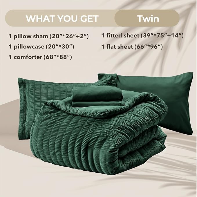 HYMOKEGE Emerald Green Twin Comforter Set Seersucker 5 Pieces, All Season Luxury Bed in a Bag for Bedroom, Bedding Set with Comforter, Sheets, Pillowcase & Sham