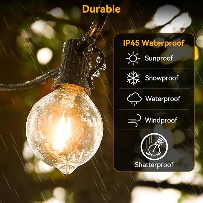 100ft Outdoor String Lights Waterproof/Connectable/Dimmable with 52 LED Shatterproof Bulbs,2-Pack 50ft UL Listed Globe G40 String Lights Outside Lighting for Patio Backyard Cafe Party Wedding Garden