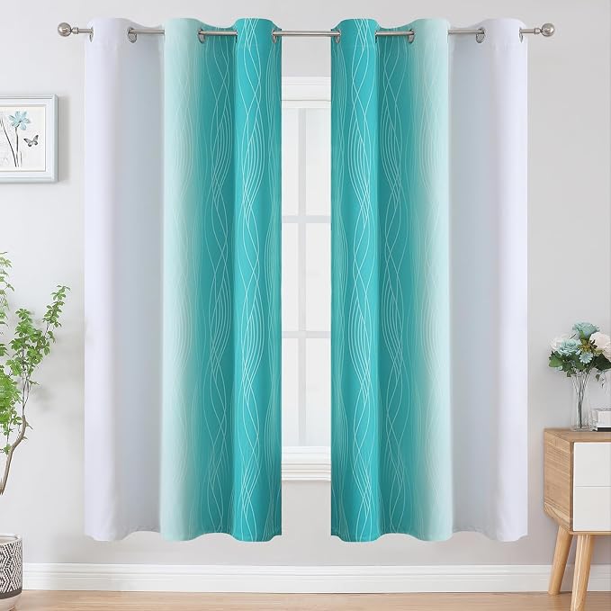 Teal and Grayish White Ombre Blackout Curtains - Image 2