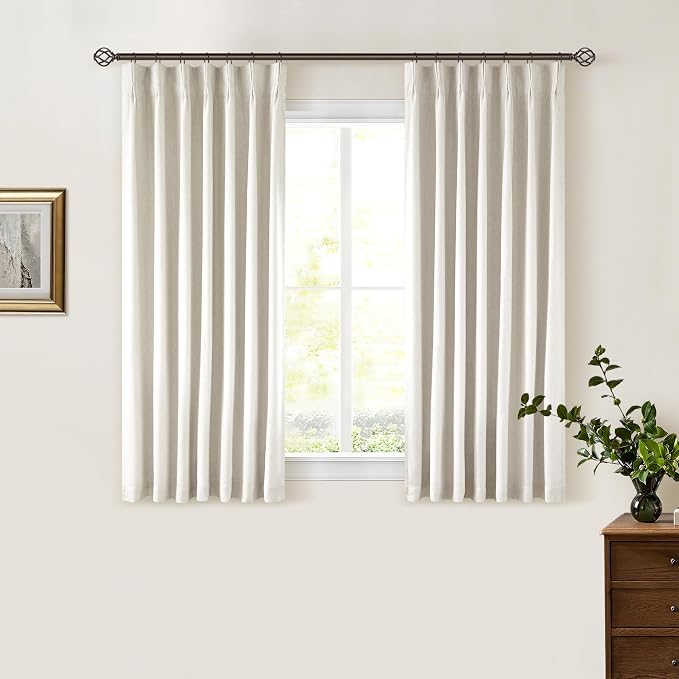 Cream Pleated 100% Blackout Linen Short 45 Inch Curtains 2 Layers Natural | - Image 8