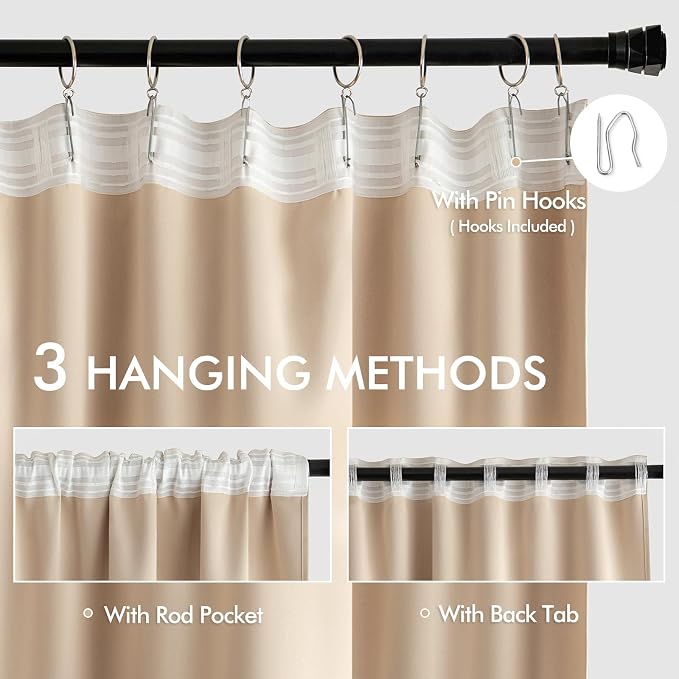 MIULEE Beige Back Tab Blackout Curtains 52x72 Inches Long 2 Panels Set | Rod - Image 3