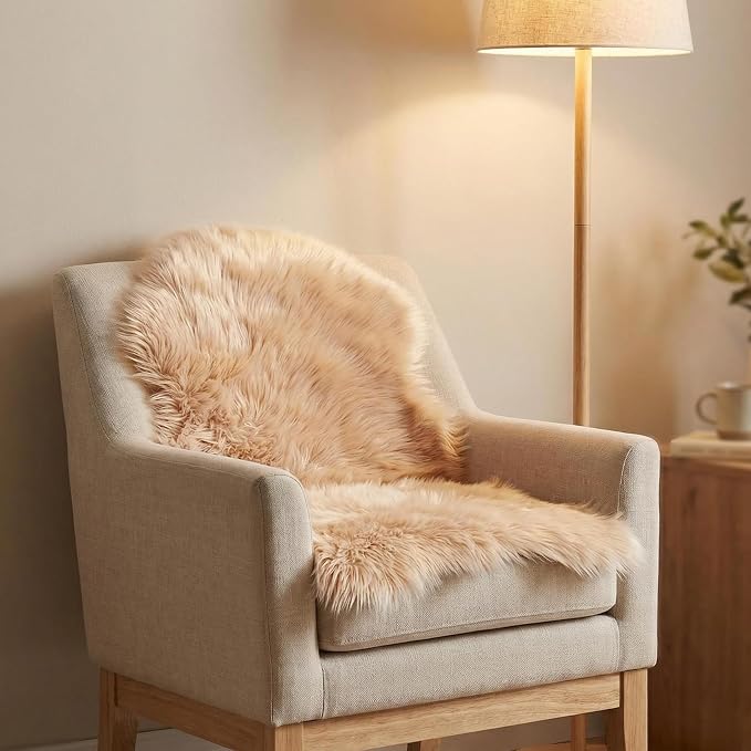 duduta Beige Faux Sheepskin Rug 2x3 ft, Small Faux Fur Chair Covers | Shag - Image 7