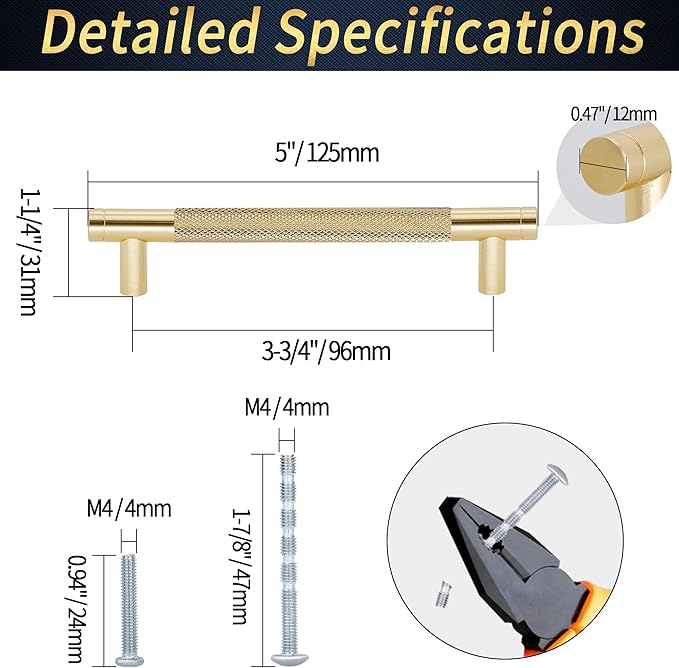 Knurled Cabinet Pulls 6 Pack, 5 Inch Long Cabinet Handles Metal Door Pulls, Kitchen Drawer Pull Knurled Dresser Handles - 3 3/4" Hole to Hole, Golden