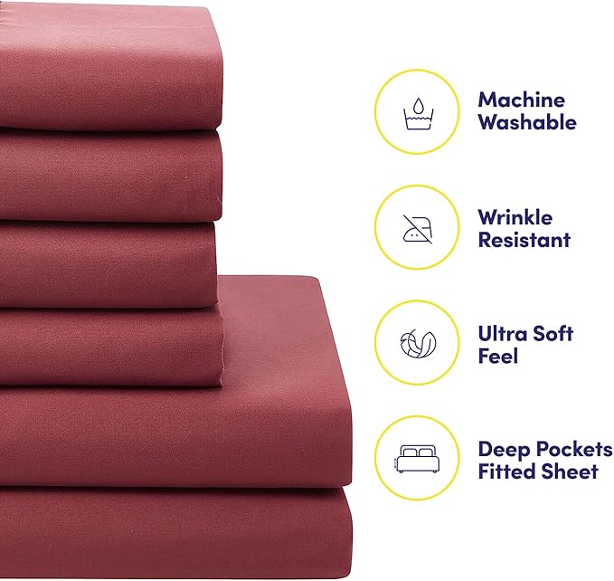 Sweet Home Collection 7 Piece Comforter Set Bag Solid Color All Season Soft Down Alternative Blanket & Luxurious Microfiber Bed Sheets, Burgundy, Twin