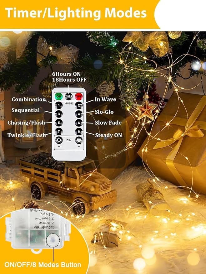 6 Pack Christmas Fairy Lights Battery Operated with Remote, Each 33FT 100LED Waterproof Twinkle Lights with Timer, String Light Indoor & Outdoor for Bedroom Wedding Christmas Decorations (Warm White)