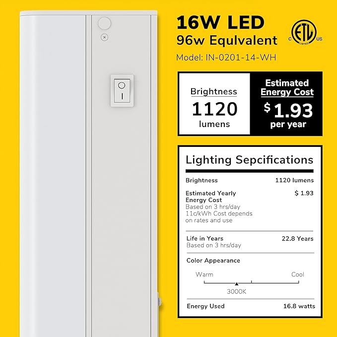 GETINLIGHT 30-inch Hardwired Only LED Under Cabinet Lighting, Soft White(3000K), Dimmable, Matte White Finished, ETL Listed, IN-0201-14-WH