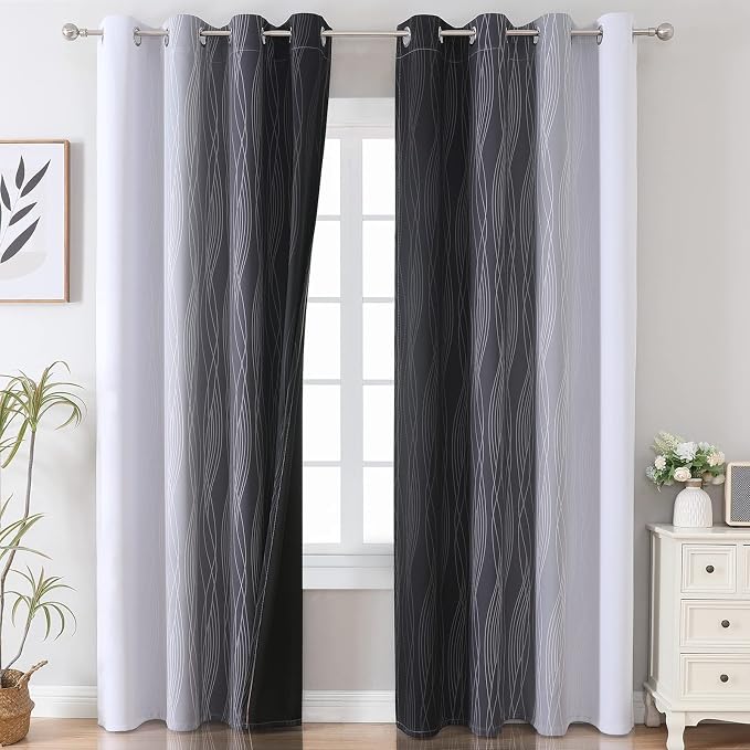 Black and Greyish White Ombre Blackout Curtains - Image 2