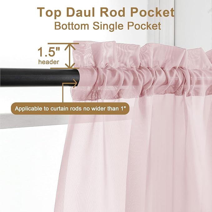 Chyhomenyc Sheer Curtains 63 Inch Length 2 Panels, Blush Pink | Light Filtering - Image 3