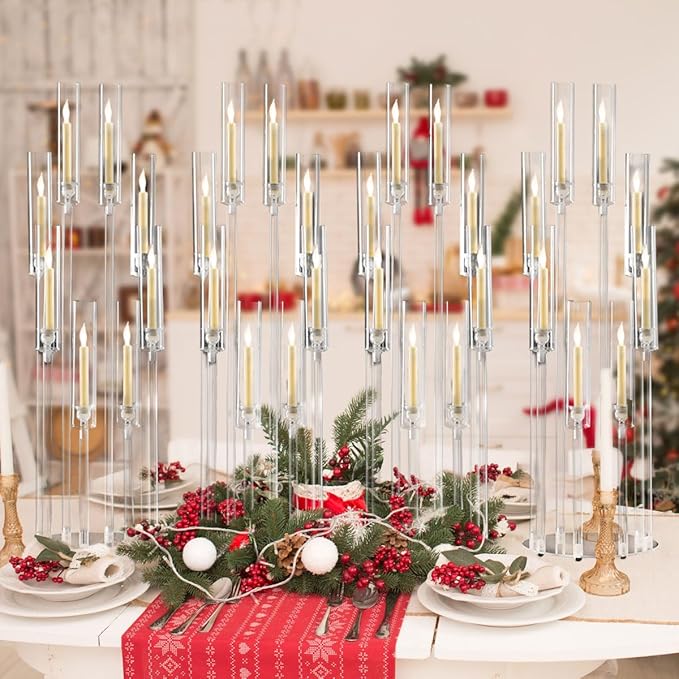 VINCIGANT 8 Arms Clear Candlesticks Holder for Wedding Decorations,Tall Arcylic Candelabra Candle Holder with Shade for Valentines Day Events Party Table Centerpiece,Fit LED Candles