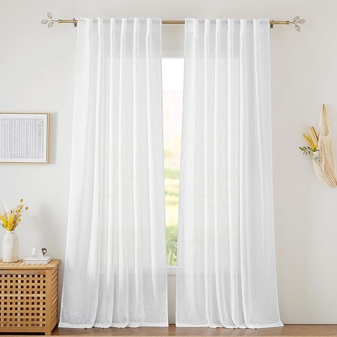RYB HOME Linen Sheer Curtains for Living Room Textured Semi Sheer Curtains Large Window Treatment for Bedroom Patio Door, White, 52 inch Width x 108 inch Length, 2 Panels