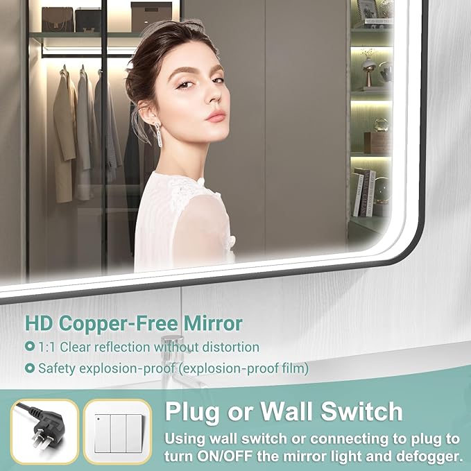 40x28 Inch LED Bathroom Mirror with Lights, Black Metal Framed LED Mirror for Bathroom, 3 Colors and Stepless Dimmable Wall Mounted Lighted Bathroom Vanity Mirror, Anti-Fog, Memory