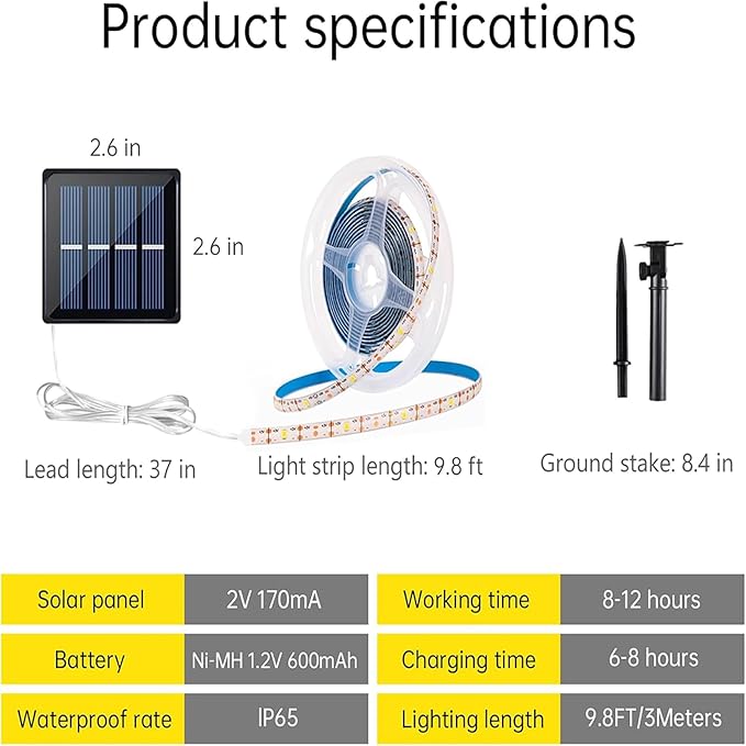 Solar LED Strip Lights Outdoor Solar Powered Rope Light Waterproof 10FT Cuttable Tape Lighting with 8 Modes for Christmas, Fence, Outside, Stair, Step, Yard, Pool, Camping, Party, 1 Pack