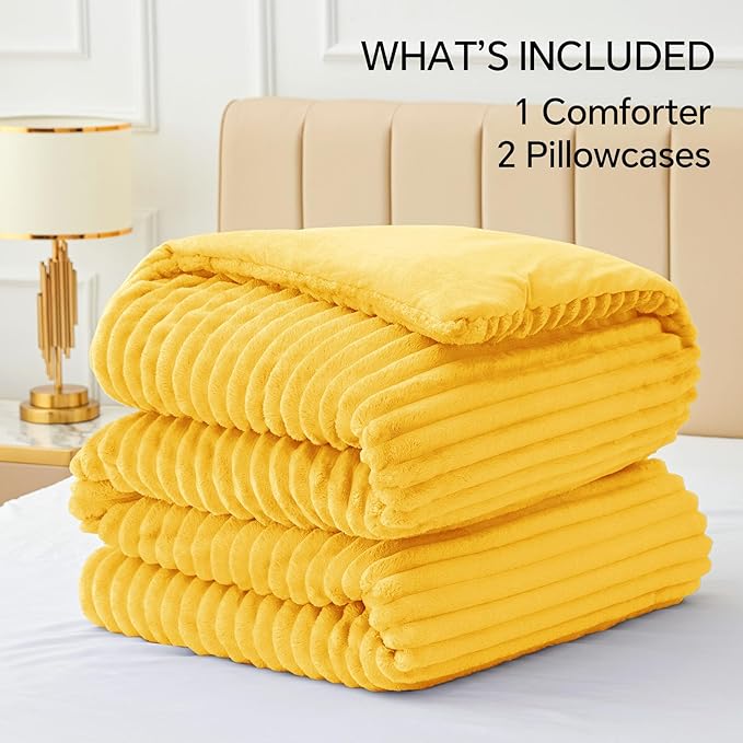 BEDELITE Fleece Queen Comforter Set -Super Soft & Warm Fluffy Bright Yellow Bedding, Luxury Fuzzy Heavy Bed Set for Winter with 2 Pillow Cases