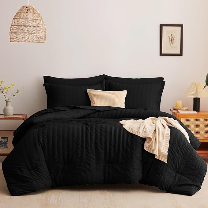 CozyLux Oversized Queen Comforter Set Black Seersucker 7 Pieces 98x98 Bed in a Bag Comforter Set with Sheets, Luxury Soft Bedding Sets with Down Alternative Comforter, Sheets, Pillowcases & Shams