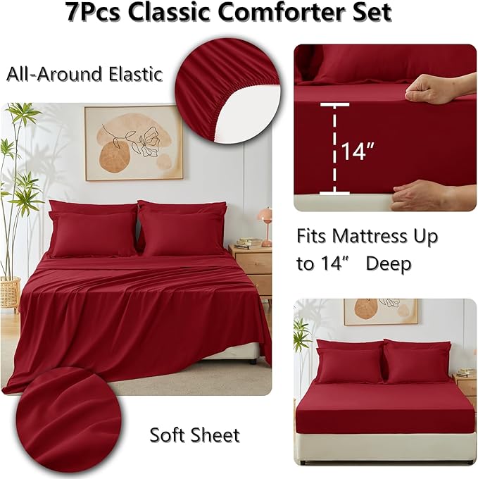 CozyLux Full Size Comforter Sets Dark Red - 7 Pieces Bed in a Bag Full, Luxury Soft Bed Set for All Seasons, Bedding Set with Down Alternative Comforter, Sheets, Pillowcases & Shams