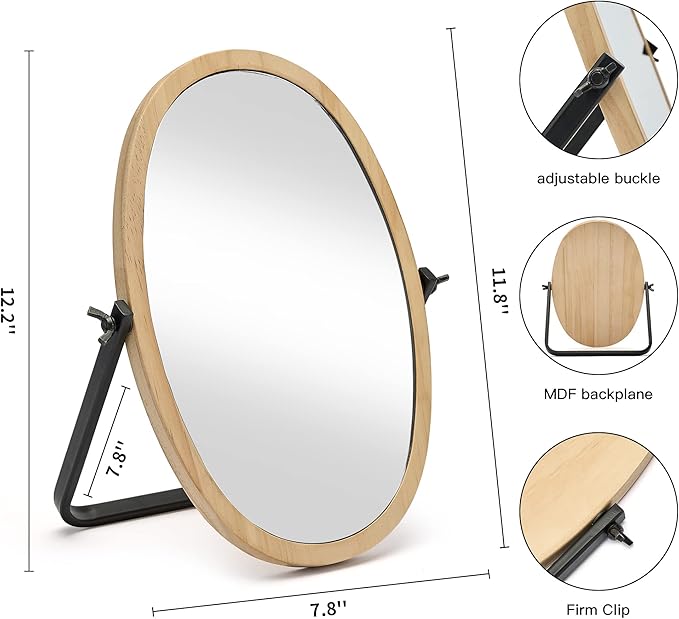 Geloo Vanity Makeup Table Mirror - Desk Mirrors 360 Adjustable Rotation,Wood Framed Small Standing Mirror for Bedroom,Tabletop,Office,Antique,Dresser,Countertop 11.8'' x 7.8''