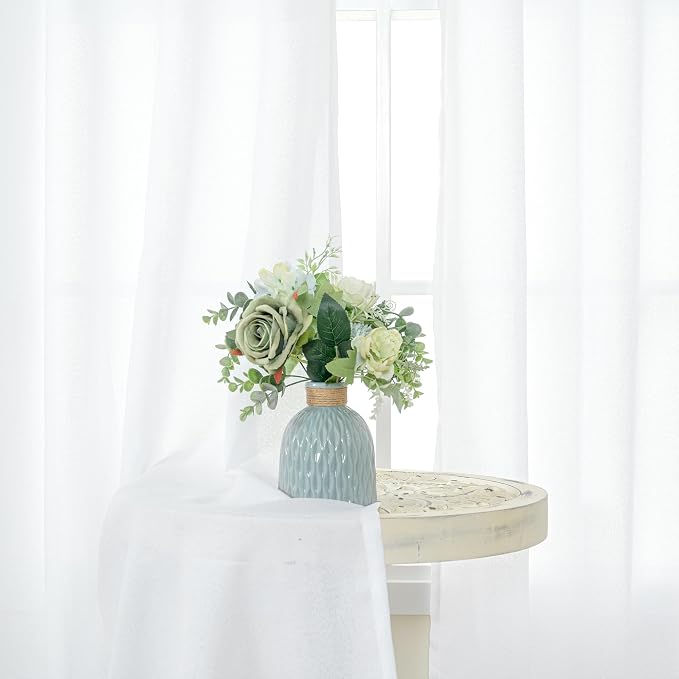 YoungsTex White Linen Semi Sheer Curtains 45 Inch Length 2 Panels | Short Light - Image 2