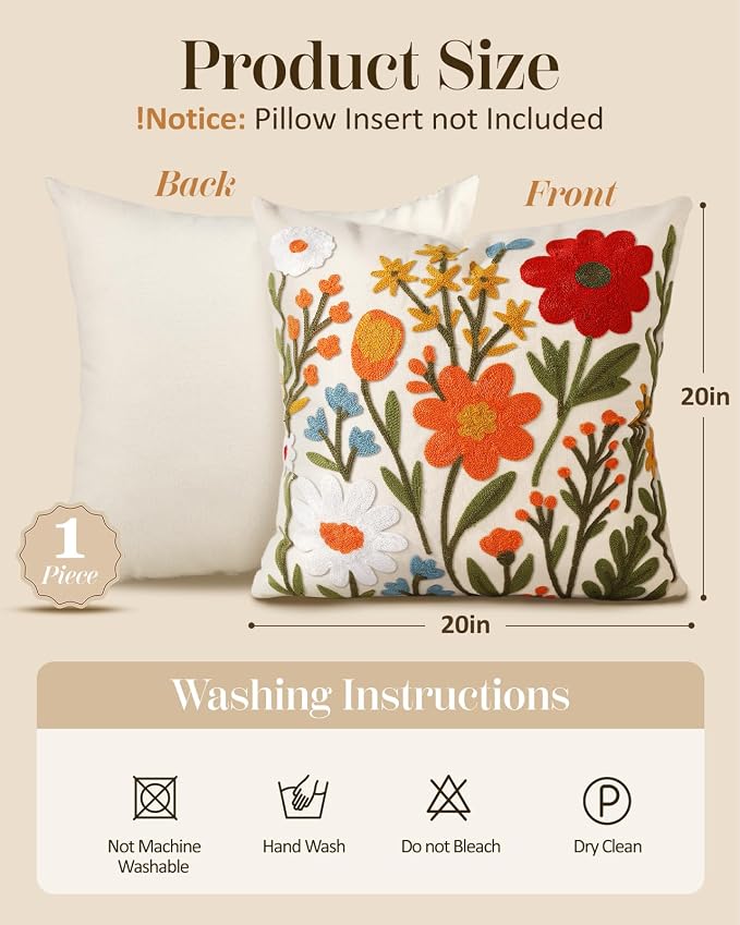 Embroidered Throw Pillow Cover 20x20 Inch, Flower Cluster | Decorative Pillow - Image 4