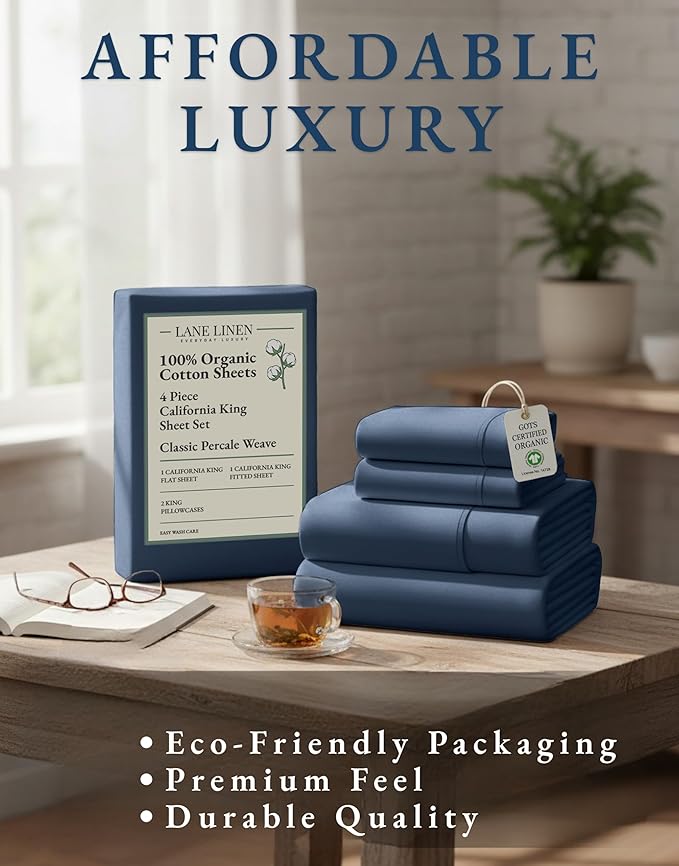 LANE LINEN 100% Organic Cotton Sheets for California King Size Bed - Soft Percale Sheets, Breathable Luxury Hotel Style Fully Elasticized Mercerized 15" Deep Pocket Cal King Sheet Set- Estate Blue