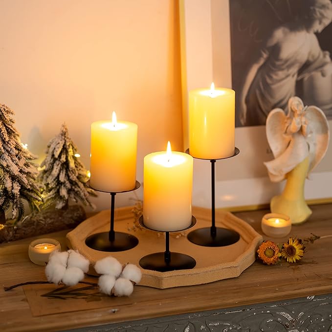 Pillar Candle Holders Candle Plates - Set of 6 Candelabra Candle Stand Iron Plate Minimalism Modern Home Mantel Dinning Table Halloween Decorations Centerpiece for Wedding, Party, Events, Black