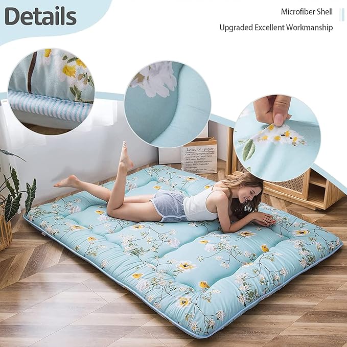MAXYOYO Rustic Floral Korean Floor Mattress Japanese Futon, Foldable Bed Roll Up Camping Lounger Bed Couches and Sofas Mattress Topper Queen Size