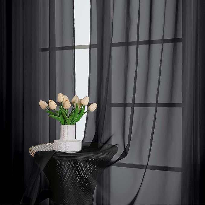 Black Sheer Curtains, Sheer Curtains 96 inches Long 2 Panels Set, Rod Pocket - Image 6