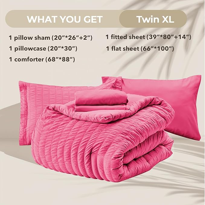 HYMOKEGE Hot Pink Twin XL Comforter Set Seersucker 5 Pieces, All Season Luxury Bed in a Bag for Bedroom, Bedding Set with Comforter, Sheets, Pillowcase & Sham