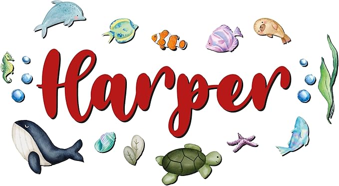 Custom Nursery Name Sign with Themed Decor Kit | Personalized Wooden Wall Art for Baby, Kids Room | Space, Jungle, Circus, Under the Sea, Woodland, Rainbow (40", Under the Sea)