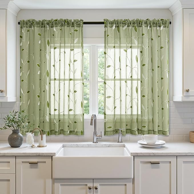 MIULEE Sage Green Sheer Curtains 2 Panels Leaf Patterned, W52 x L45 | - Image 2