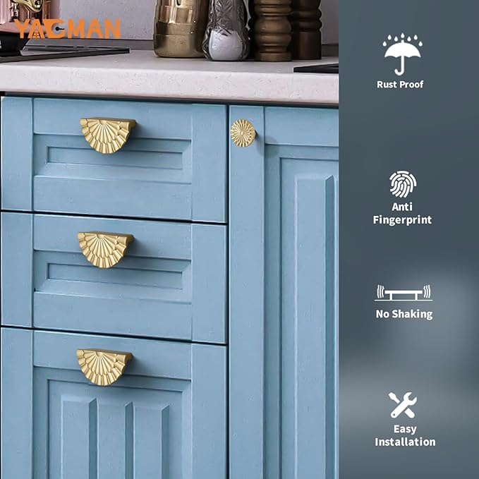 Brushed Gold Cabinet Pulls 10 Pack 3 Inch Modern Drawer Handles Kitchen Cupboard Half Moon Bathroom Dresser Sunflower Cup Flat Pull SH-BG76-10