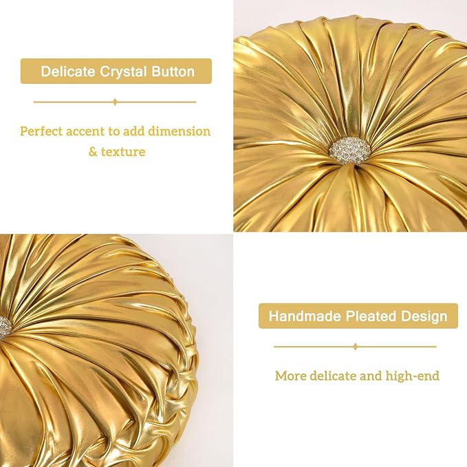 HIG Set of 2 Gold Metallic Leather Decorative Round Pleated Throw Pillows | - Image 4