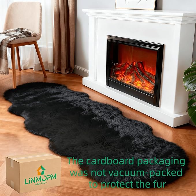 linmopm Faux Fur Rug Sheepskin Shag Fluffy Fuzzy Black 2x6 ft Runner Rugs - Image 3