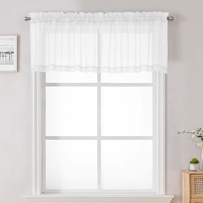 Sheer White Valances for Windows 18 Inch Length 2 Pcs, Cafe Kitchen Curtains by Lecloud