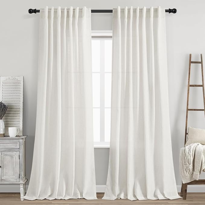 Beige White Linen Curtains 84 Inch Length 2 Panels Set by Nanspring