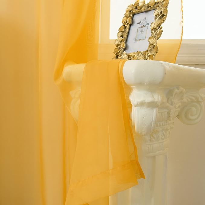 HUTO Gold Yellow Sheer Curtains 63 Inches Long for Living Room Rod Pocket Top Window Sheer Panels Curtains for Bedroom 2 Panels