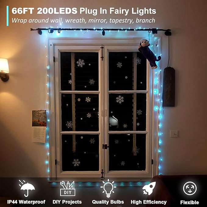 Fairy Lights Plug in 66ft 200LEDs with Remote, 20 Color Changing Light Warm White Twinkle Firefly String Lights for Christmas Bedroom Tapestry Party Wedding, Multicolor Colors (Plug)