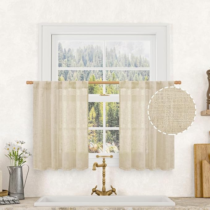 Small Cafe Linen Curtains 36 Inches Long, Semi Sheer Panels | Light Filtering by LAMIT
