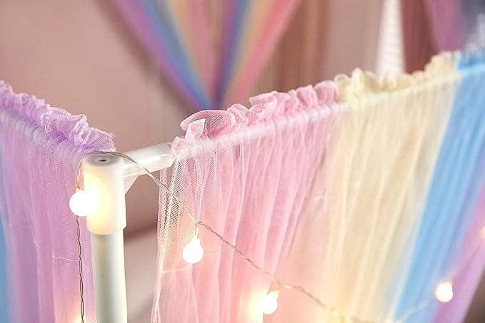 Akiky Canopy Bed Curtains with Lights 4 Corner Post Bed Canopy for Adults Girls, Rainbow Bed Drapes Netting-8 Panel Curtains,Full/Queen