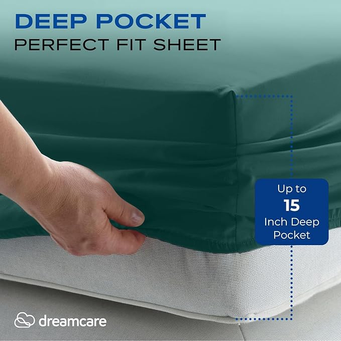 DREAMCARE Full Size Sheets Set - 4 Pcs Cooling Bed Sheets with Up to 15" Deep Pockets - Soft, Long-Lasting 100% Brushed Polyester with Side Pocket (Emerald Green)