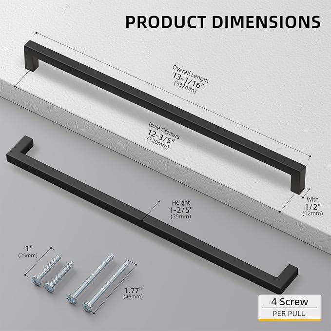 Goldenwarm 10 Pack Black Square Bar Cabinet Pull Drawer Handle Stainless Steel Modern Hardware for Kitchen and Bathroom Cabinets Cupboard,Center to Center 12-3/5in(320mm) Kitchen Door Handles